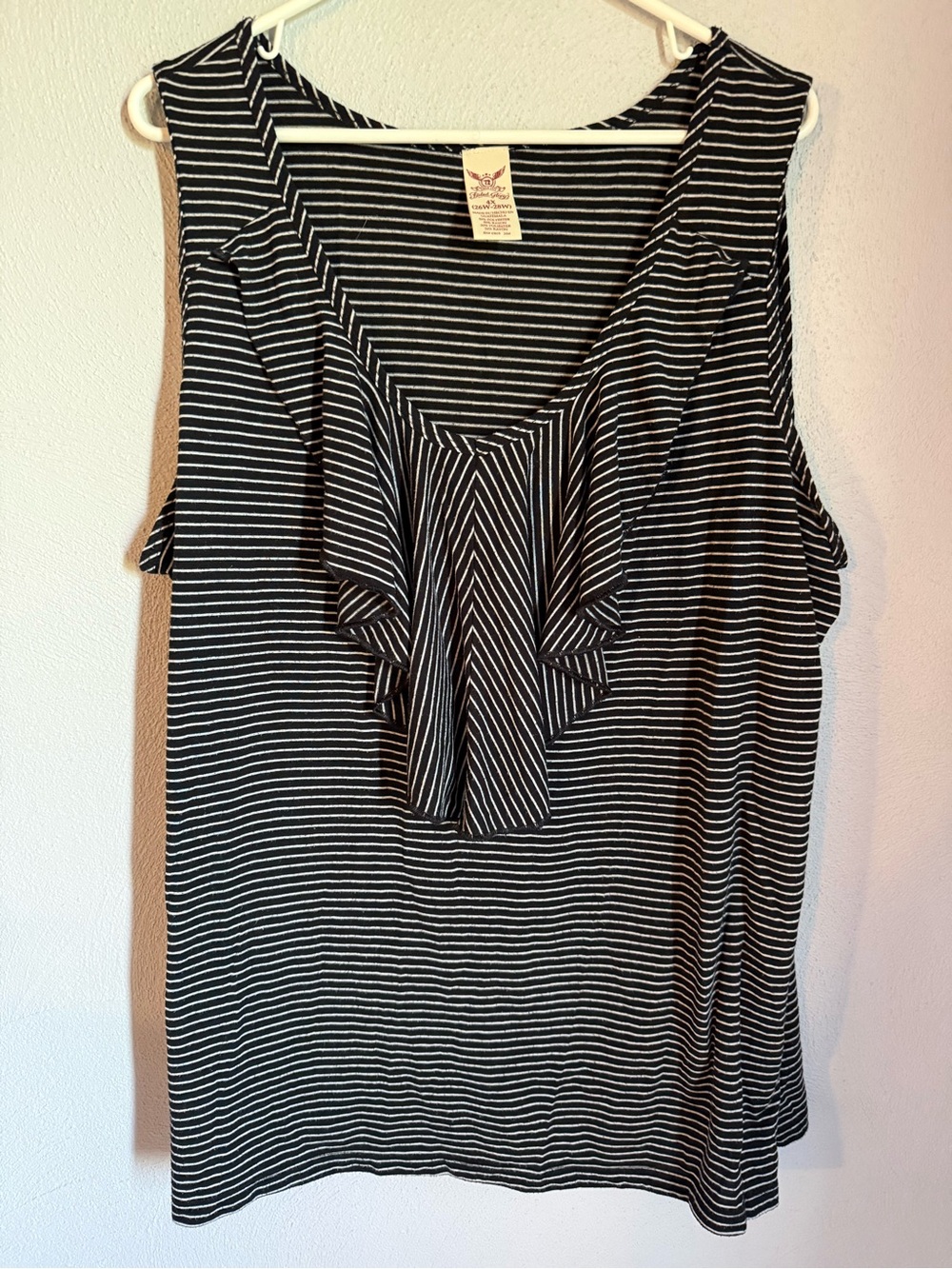 Faded Glory Black & White Striped Ruffle Front Tank